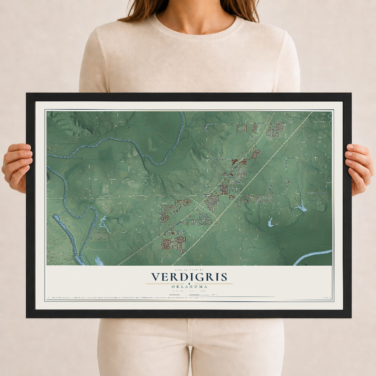 Map of Verdigris, Oklahoma, 12 x 18 inch print in a black wood frame