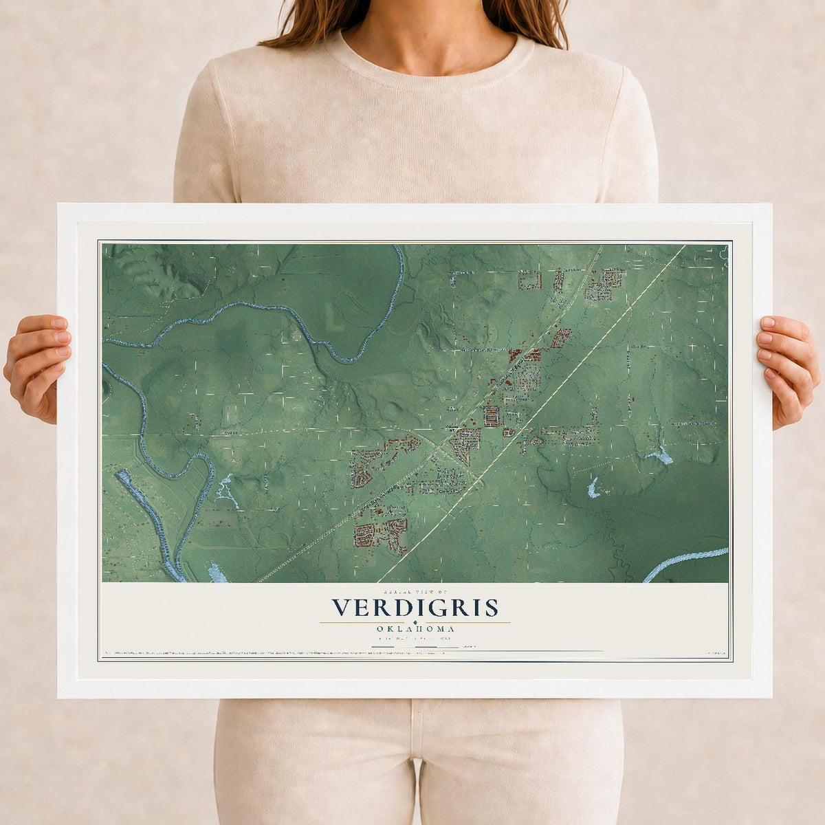 Map of Verdigris, Oklahoma, 12 x 18 inch print in a white wood frame