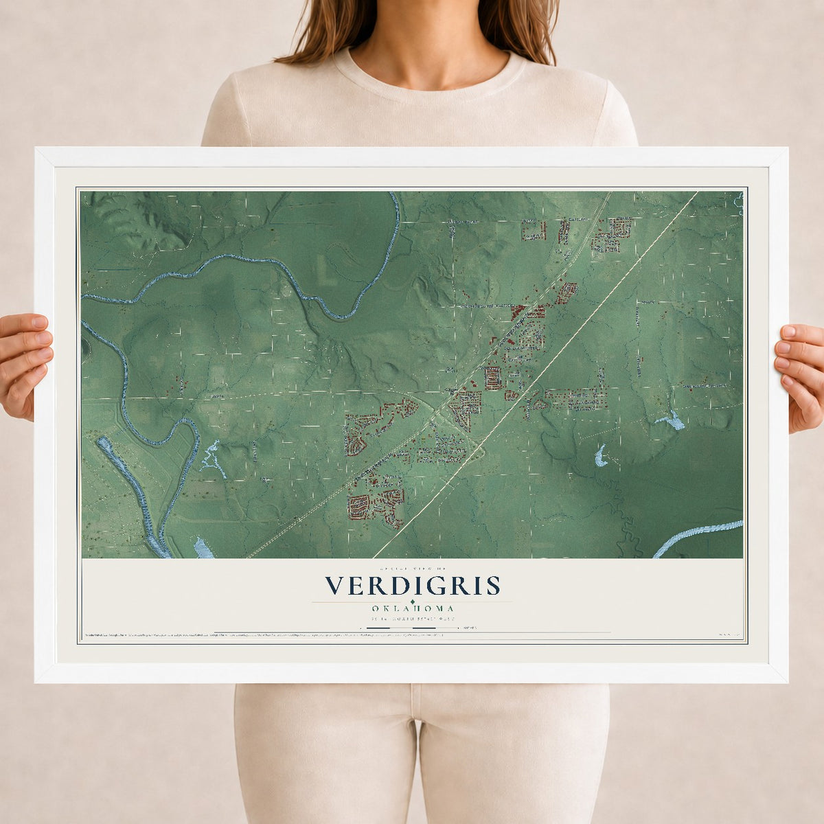 Map of Verdigris, Oklahoma, 18 x 24 inch print in a white wood frame