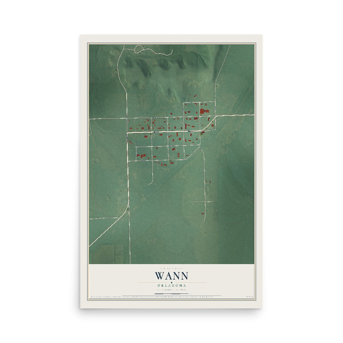 Map of Wann, Oklahoma, 12 x 18 inch unframed archival matte print