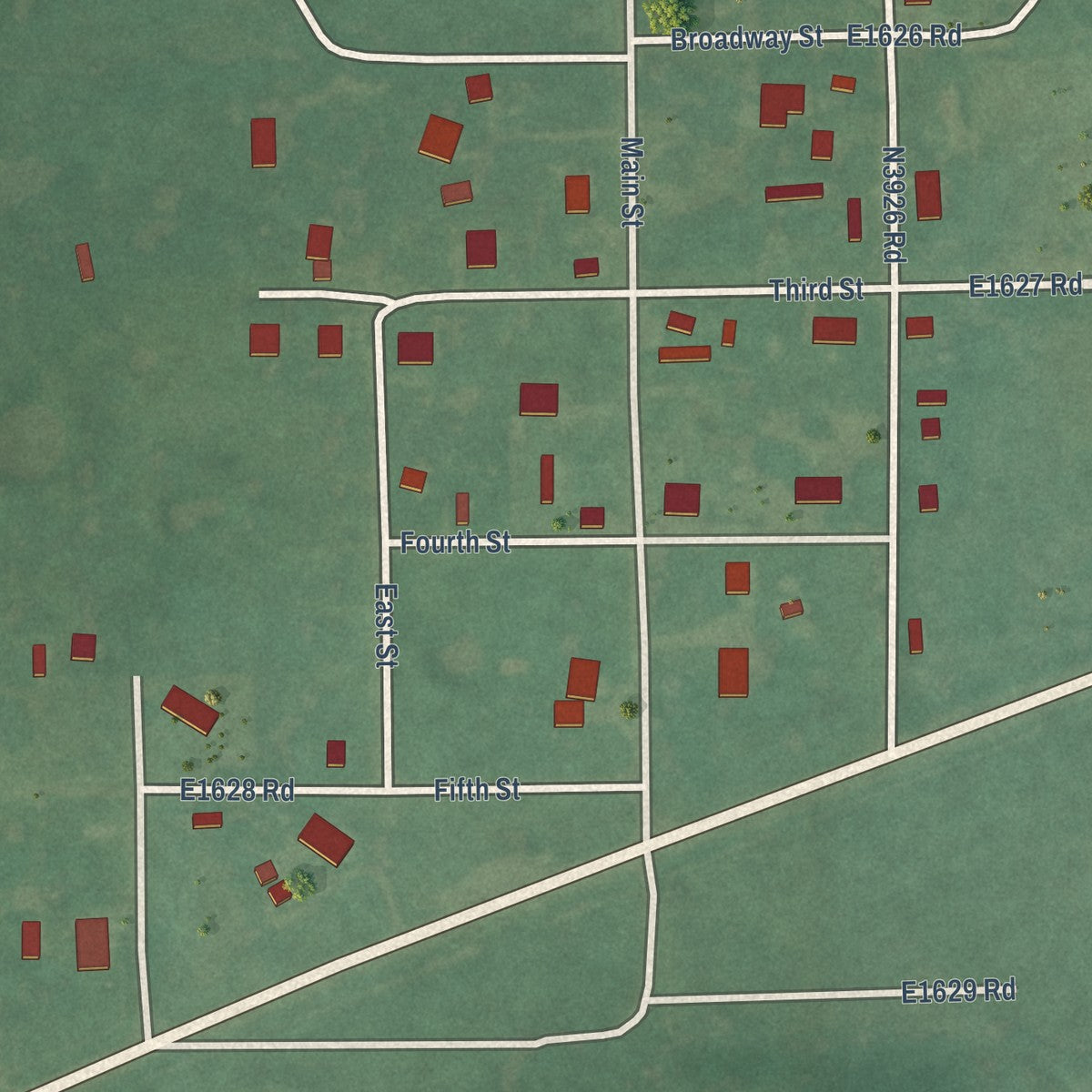 Close-up of the map of Wardville, Oklahoma print showing street and building detail