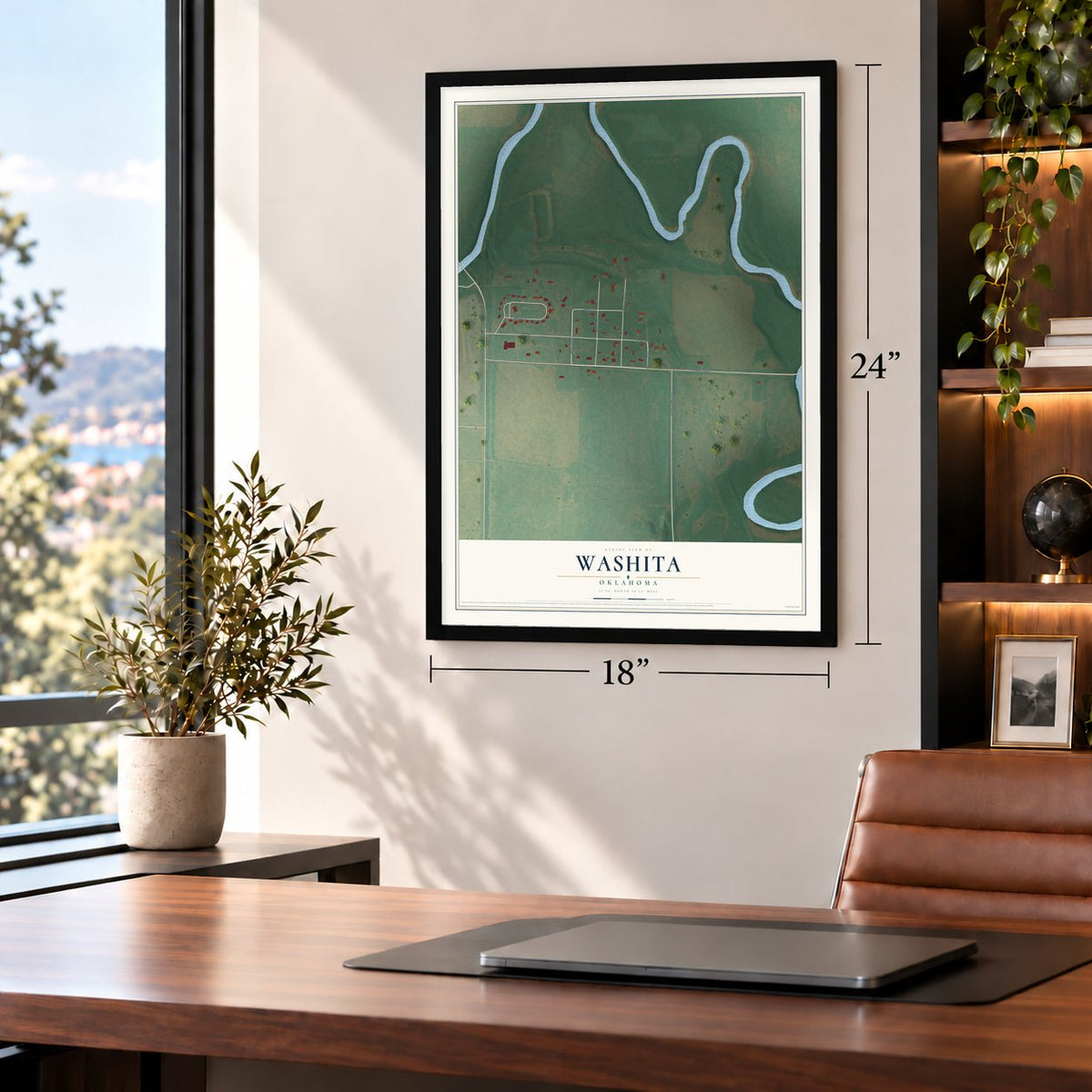 Washita, Oklahoma map, 18 x 24 inch print in a black frame in a home office