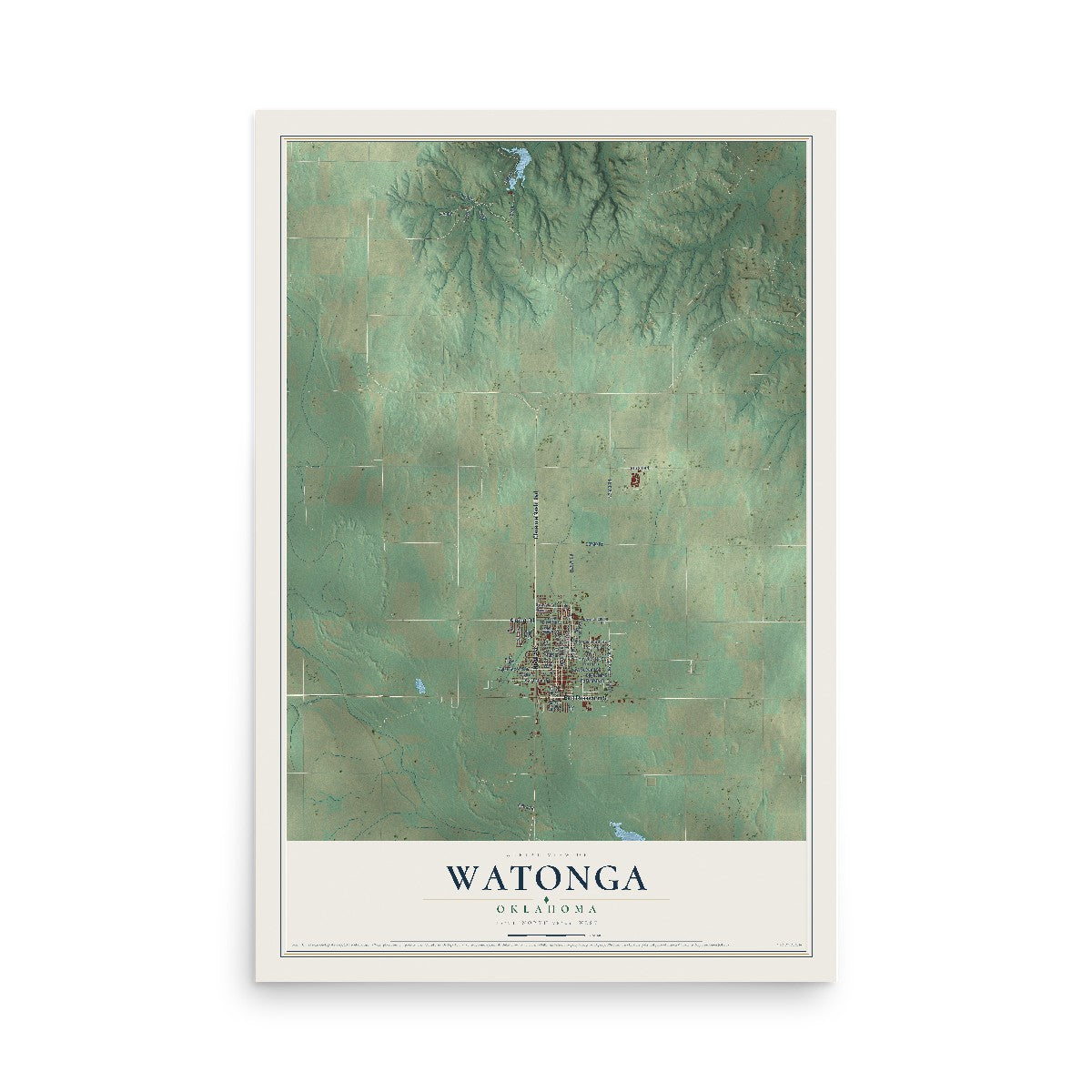 Map of Watonga, Oklahoma, 12 x 18 inch unframed archival matte print