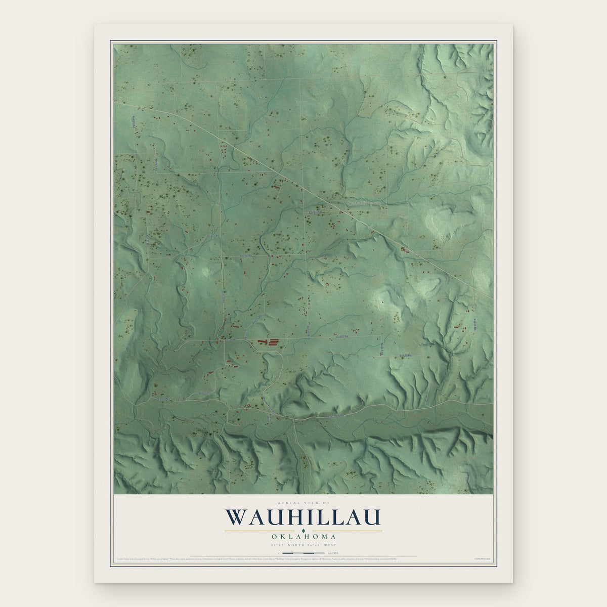 Wauhillau, Oklahoma map print, the full design