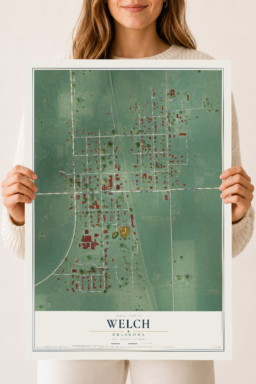 Map of Welch, Oklahoma, 18 x 24 inch unframed archival matte print