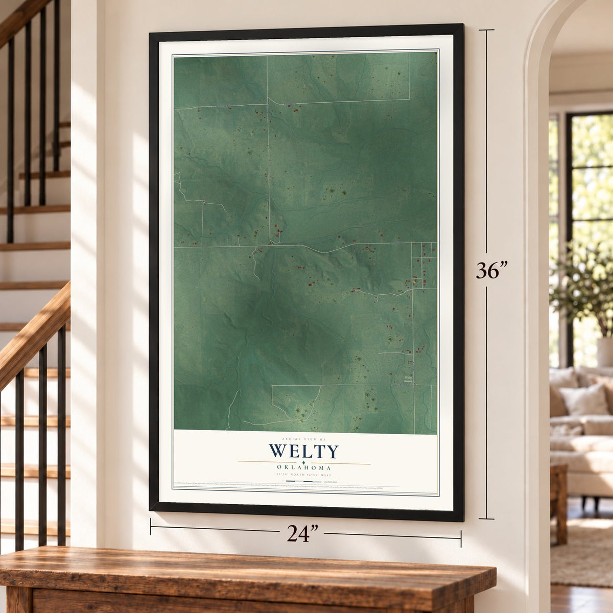 Welty, Oklahoma map, 24 x 36 inch print in a black frame by a staircase
