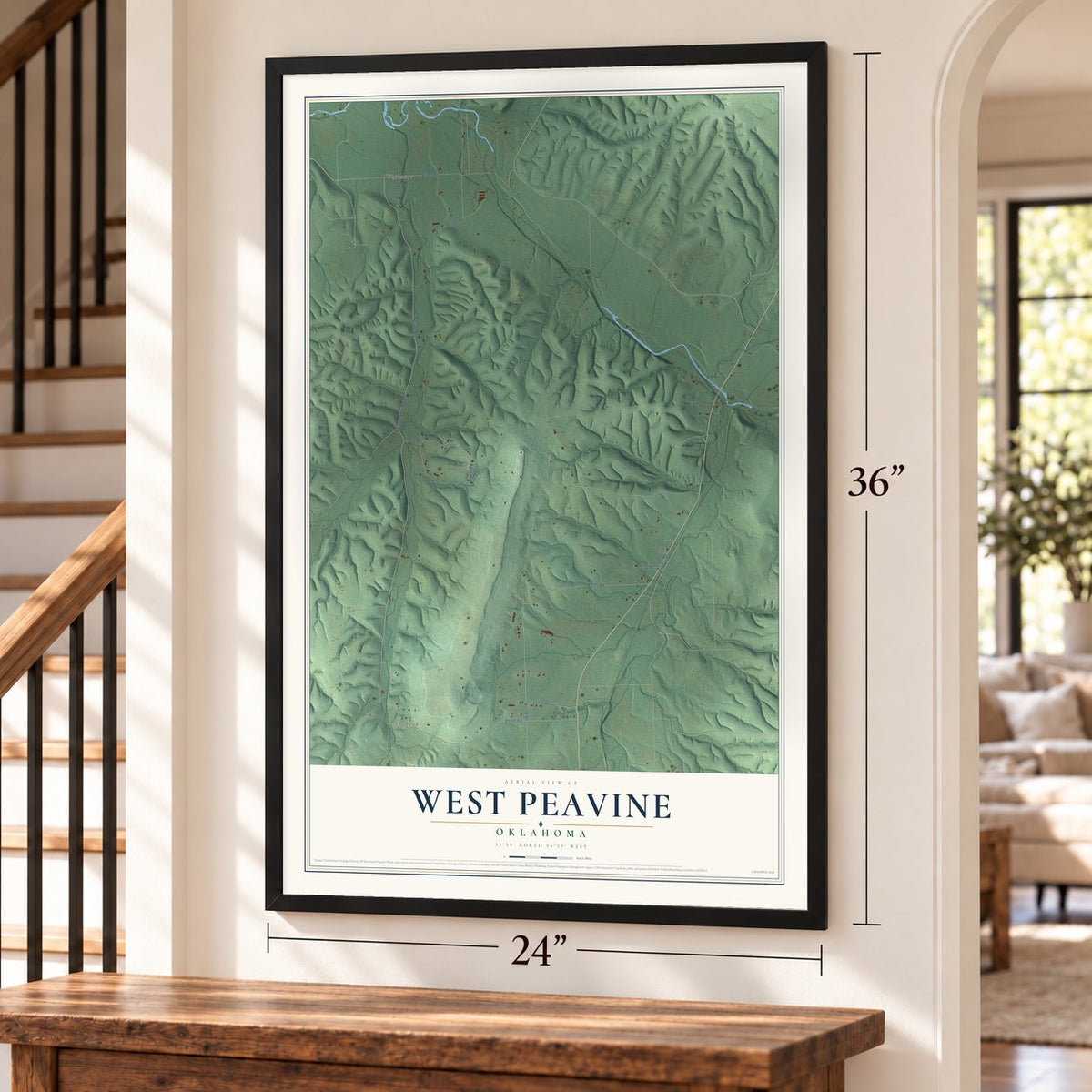 West Peavine, Oklahoma map, 24 x 36 inch print in a black frame by a staircase
