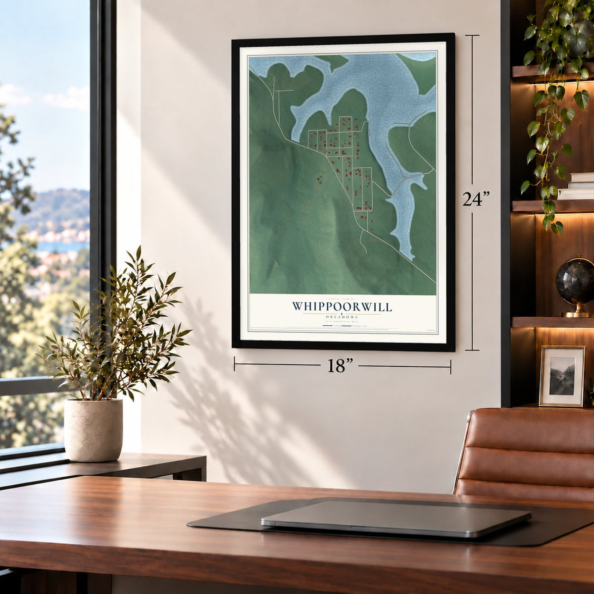 Whippoorwill, Oklahoma map, 18 x 24 inch print in a black frame in a home office
