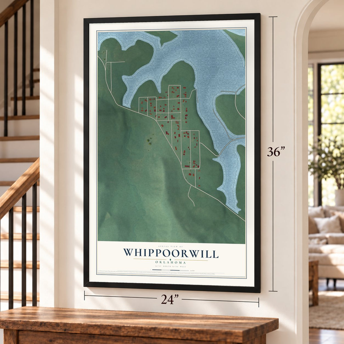 Whippoorwill, Oklahoma map, 24 x 36 inch print in a black frame by a staircase