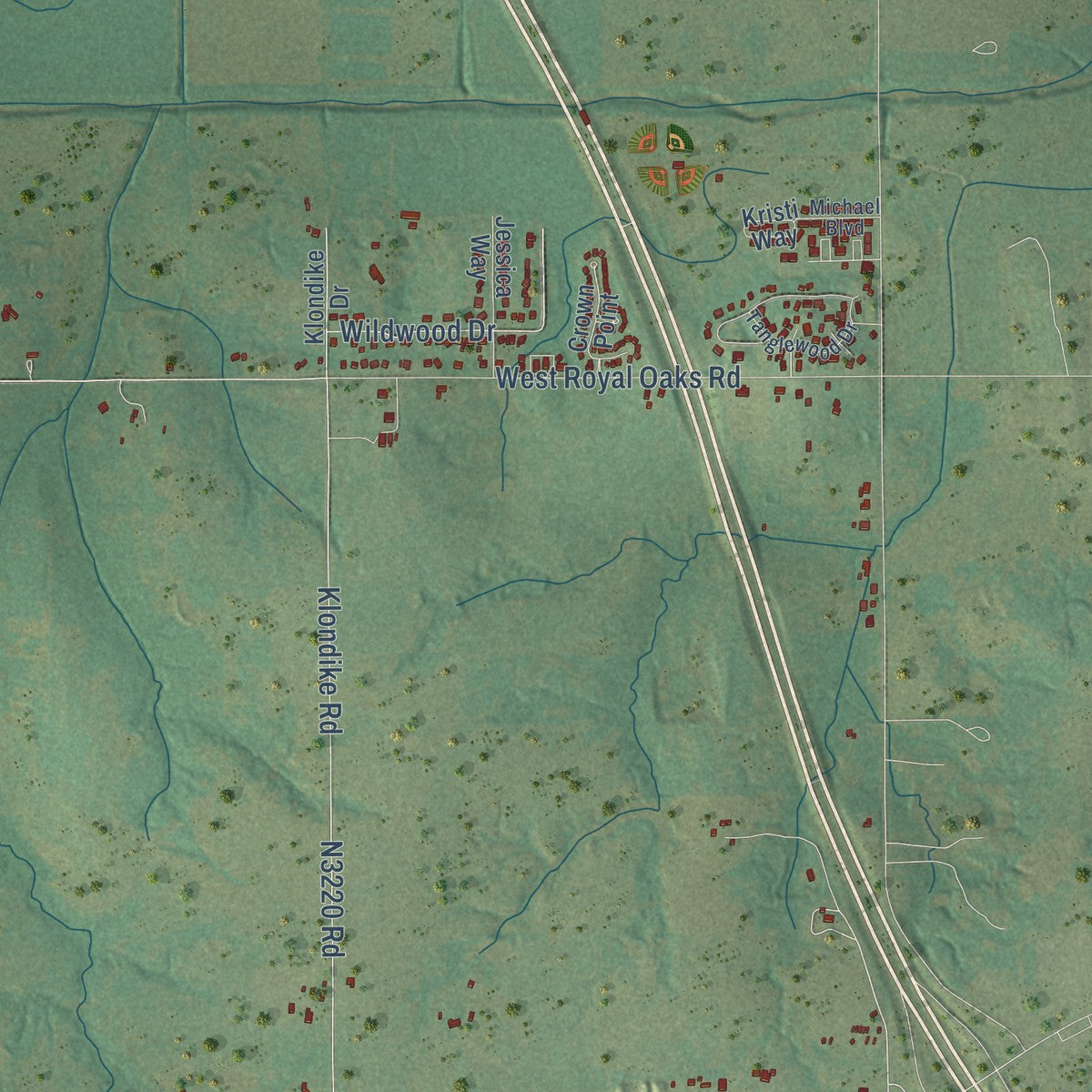 Close-up of the map of Whitebead, Oklahoma print showing street and building detail