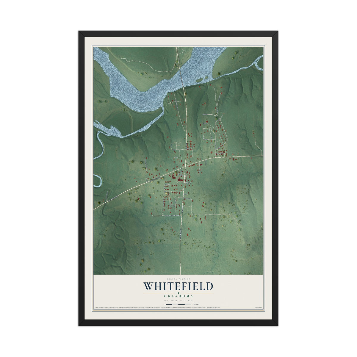 Map of Whitefield, Oklahoma, 12 x 18 inch print in a black wood frame