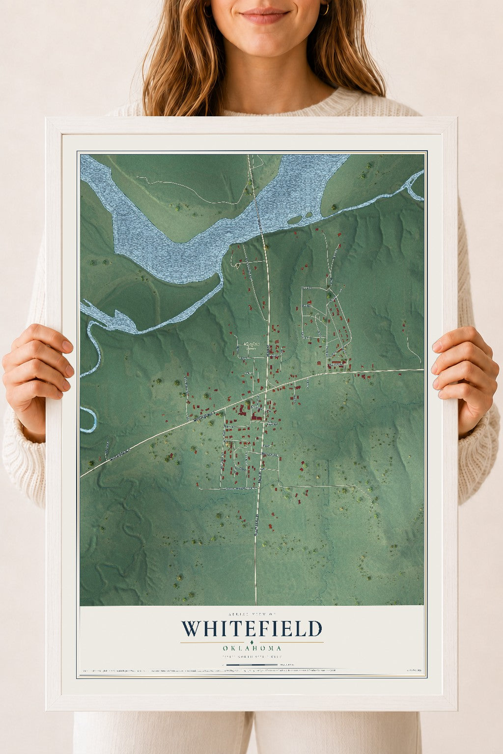 Map of Whitefield, Oklahoma, 18 x 24 inch print in a white wood frame