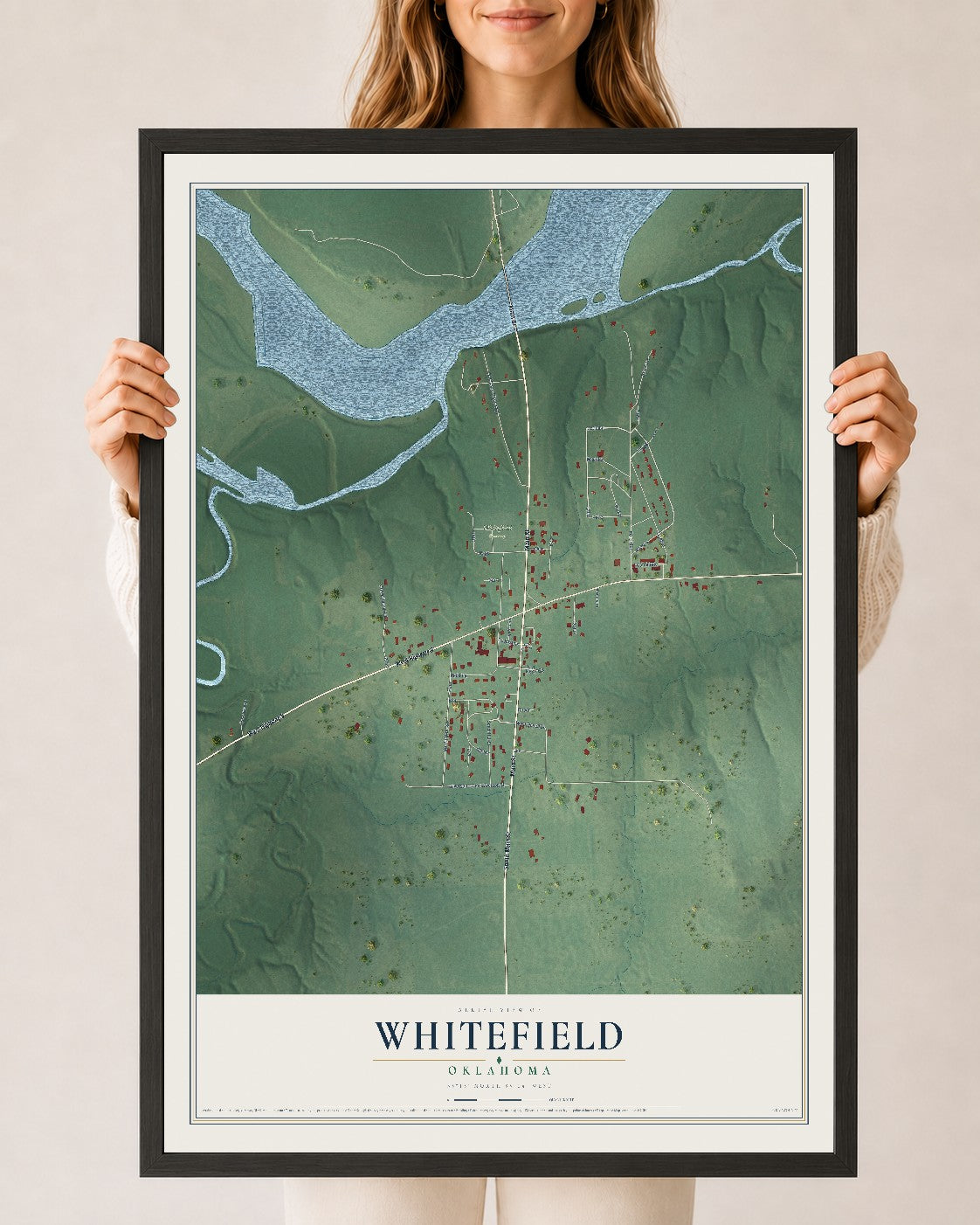 Map of Whitefield, Oklahoma, 24 x 36 inch print in a black wood frame