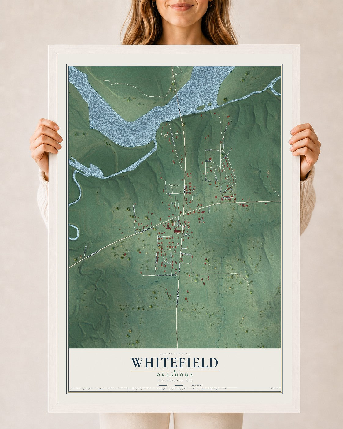 Map of Whitefield, Oklahoma, 24 x 36 inch print in a white wood frame