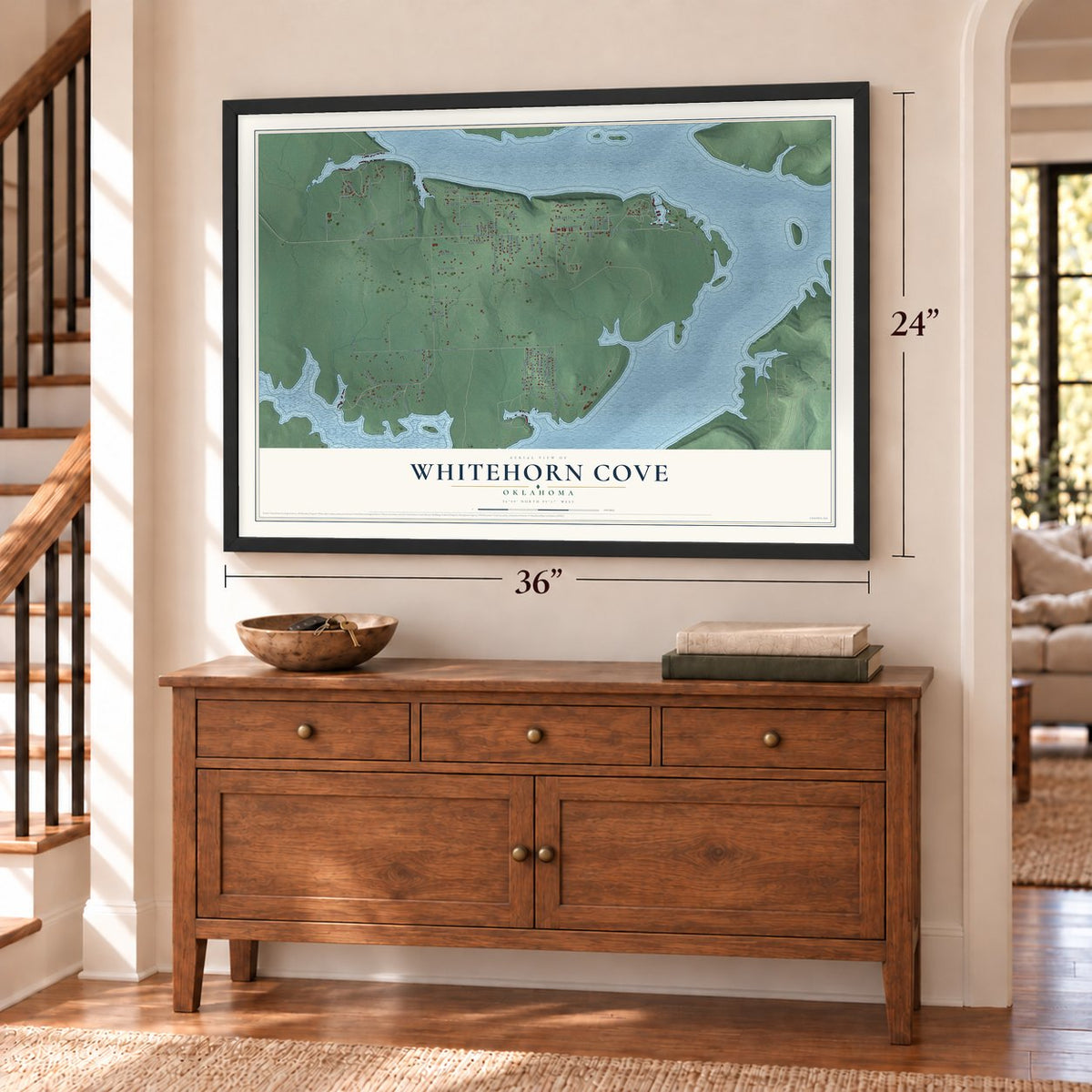 Whitehorn Cove, Oklahoma map, 24 x 36 inch print in a black frame above a dresser by a staircase