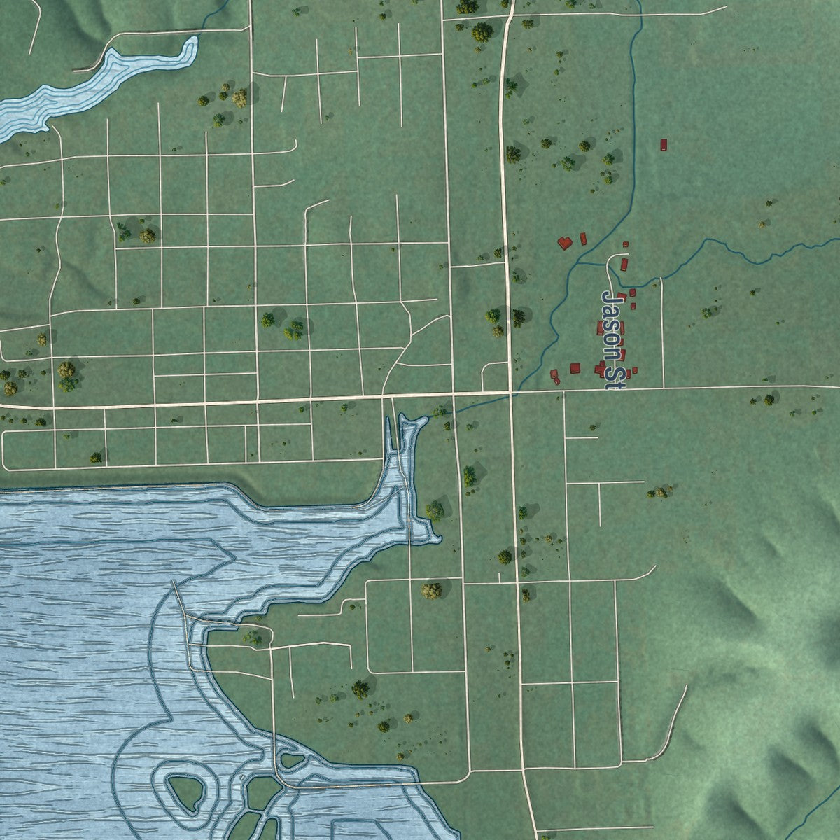 Close-up of the map of Wickliffe, Oklahoma print showing street and building detail