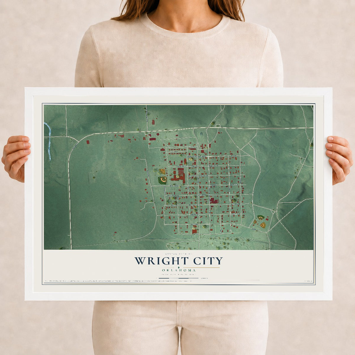 Map of Wright City, Oklahoma, 12 x 18 inch print in a white wood frame