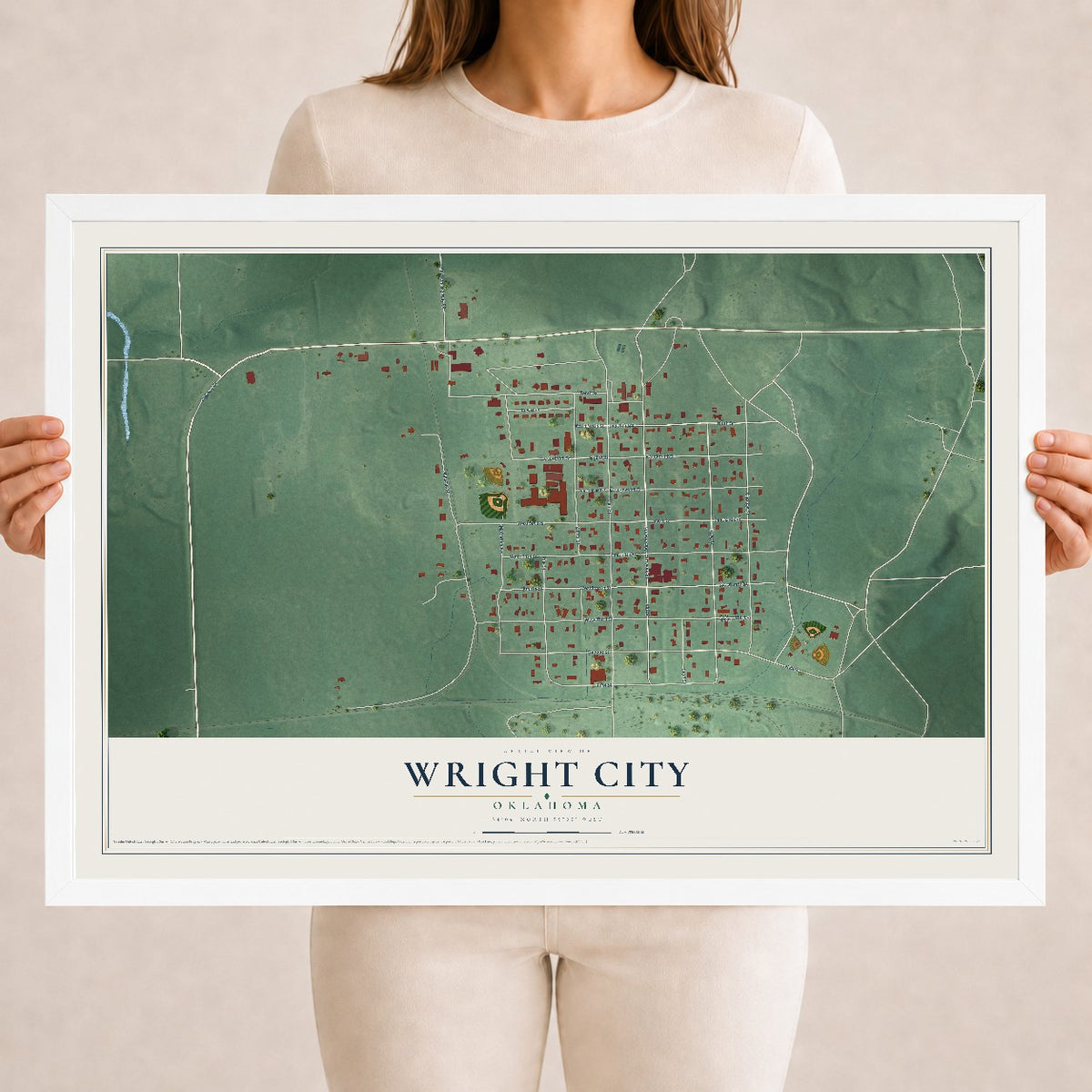 Map of Wright City, Oklahoma, 18 x 24 inch print in a white wood frame