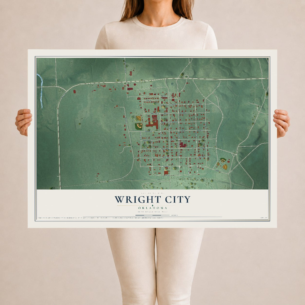 Map of Wright City, Oklahoma, 24 x 36 inch unframed archival matte print