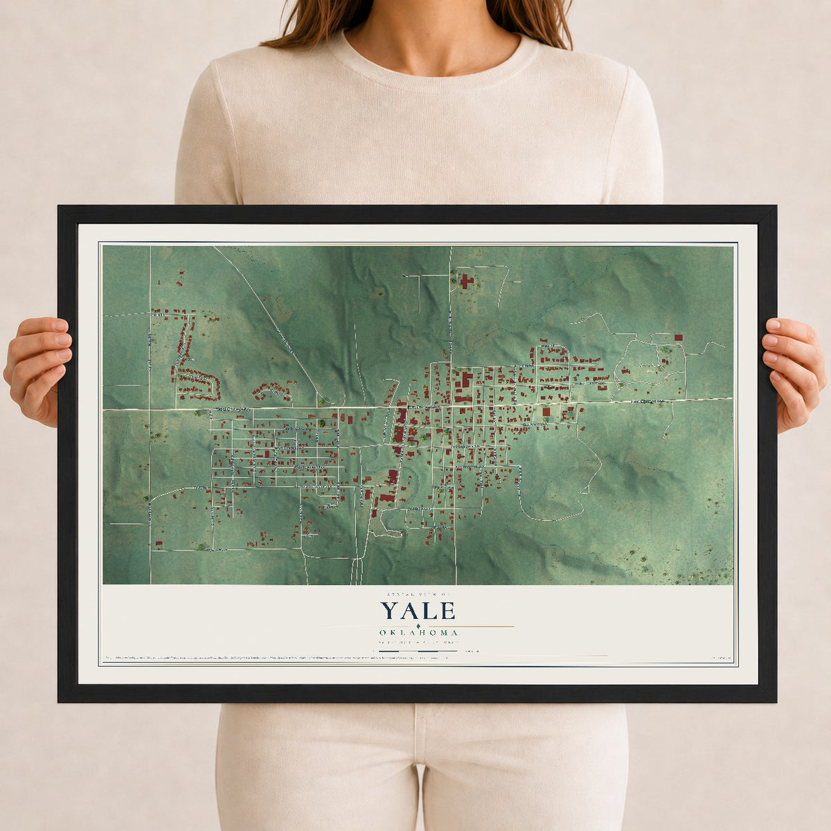 Map of Yale, Oklahoma, 12 x 18 inch print in a black wood frame