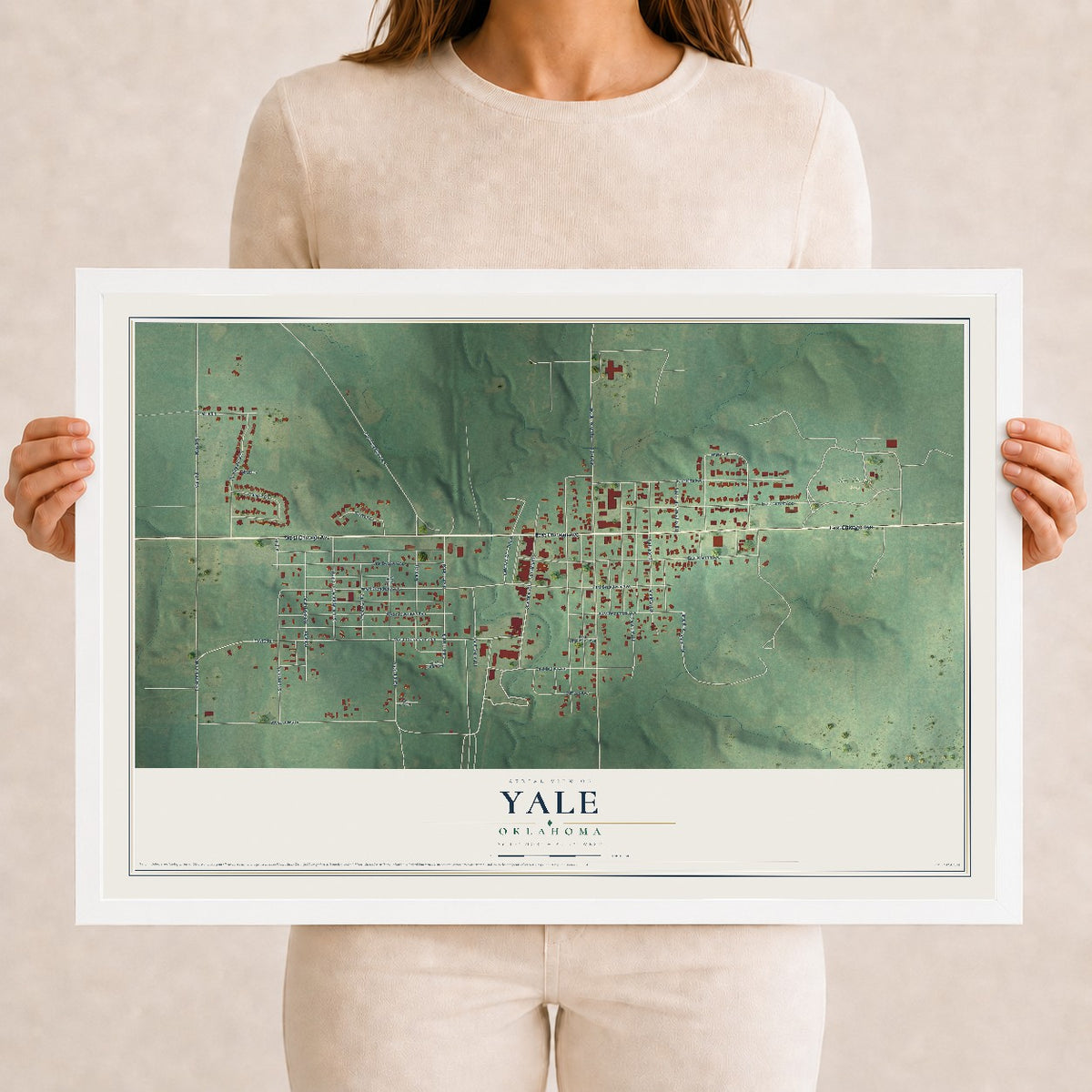 Map of Yale, Oklahoma, 12 x 18 inch print in a white wood frame