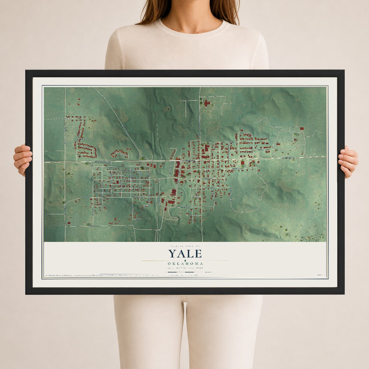 Map of Yale, Oklahoma, 24 x 36 inch print in a black wood frame