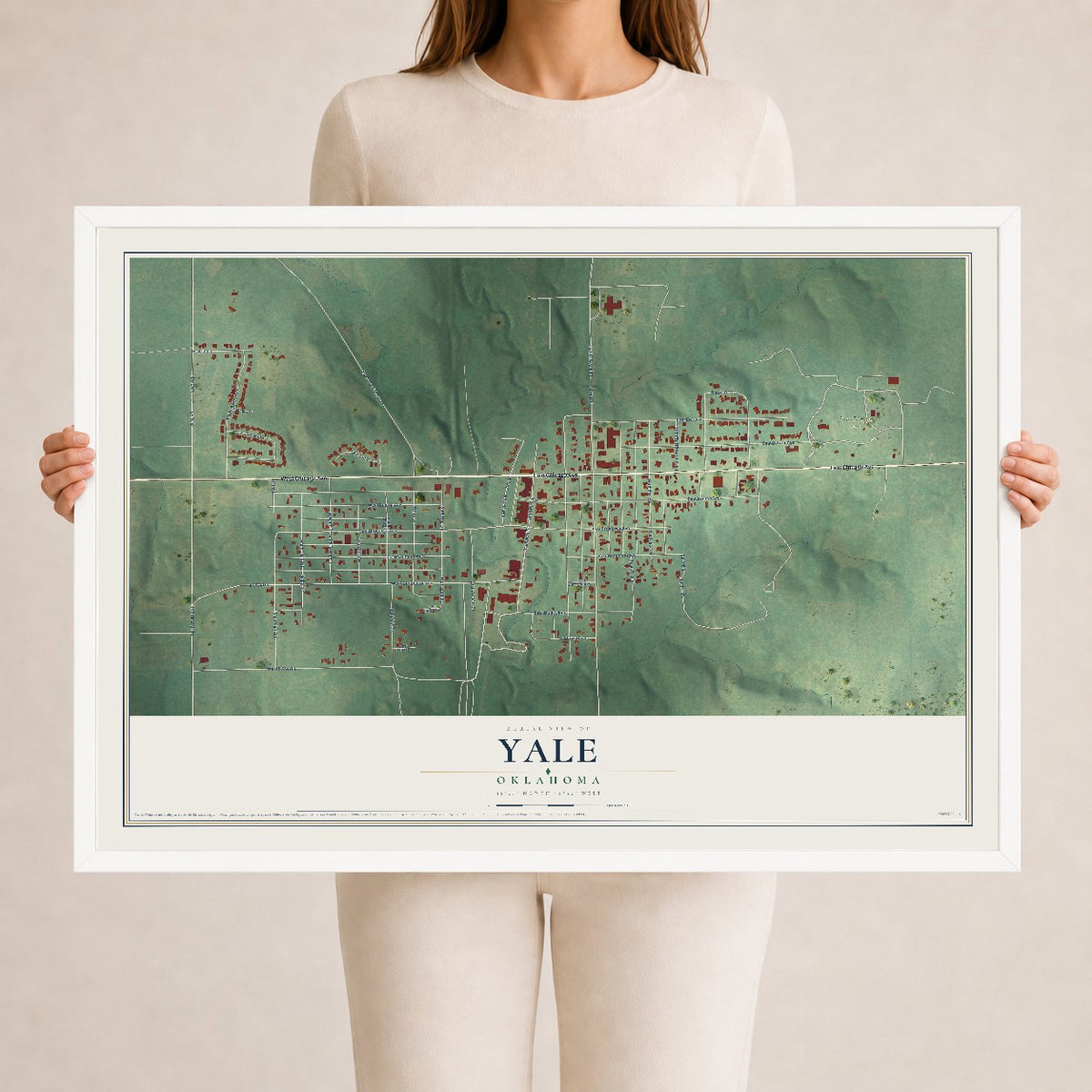 Map of Yale, Oklahoma, 24 x 36 inch print in a white wood frame