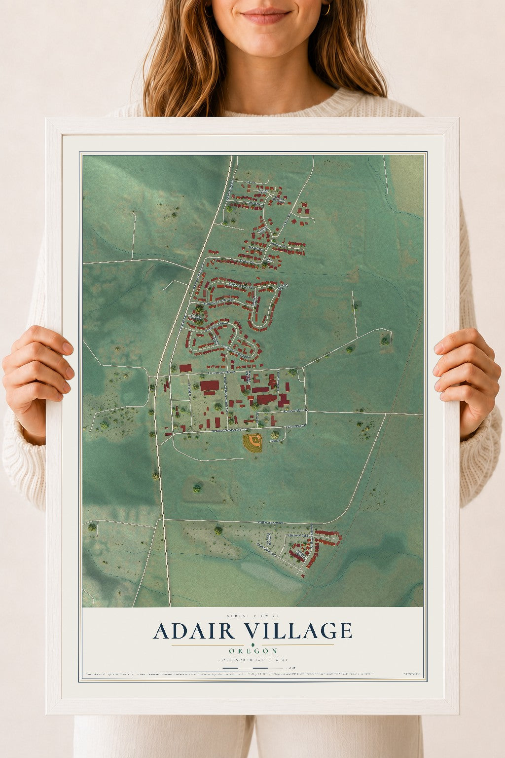Map of Adair Village, Oregon, 18 x 24 inch print in a white wood frame