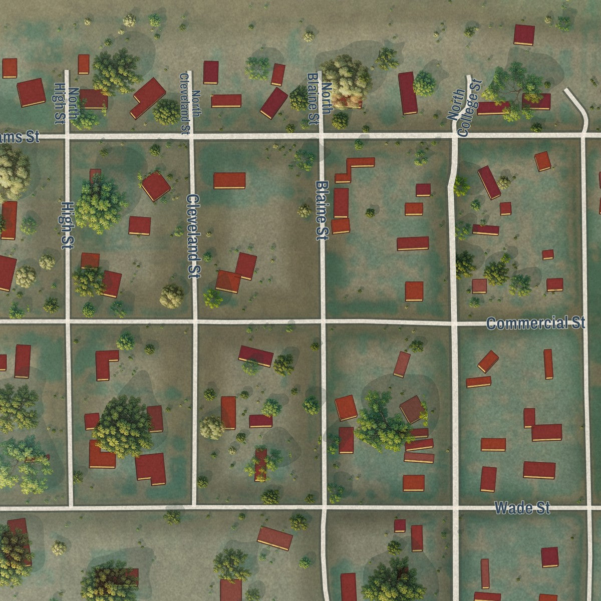 Close-up of the map of Adams, Oregon print showing street and building detail