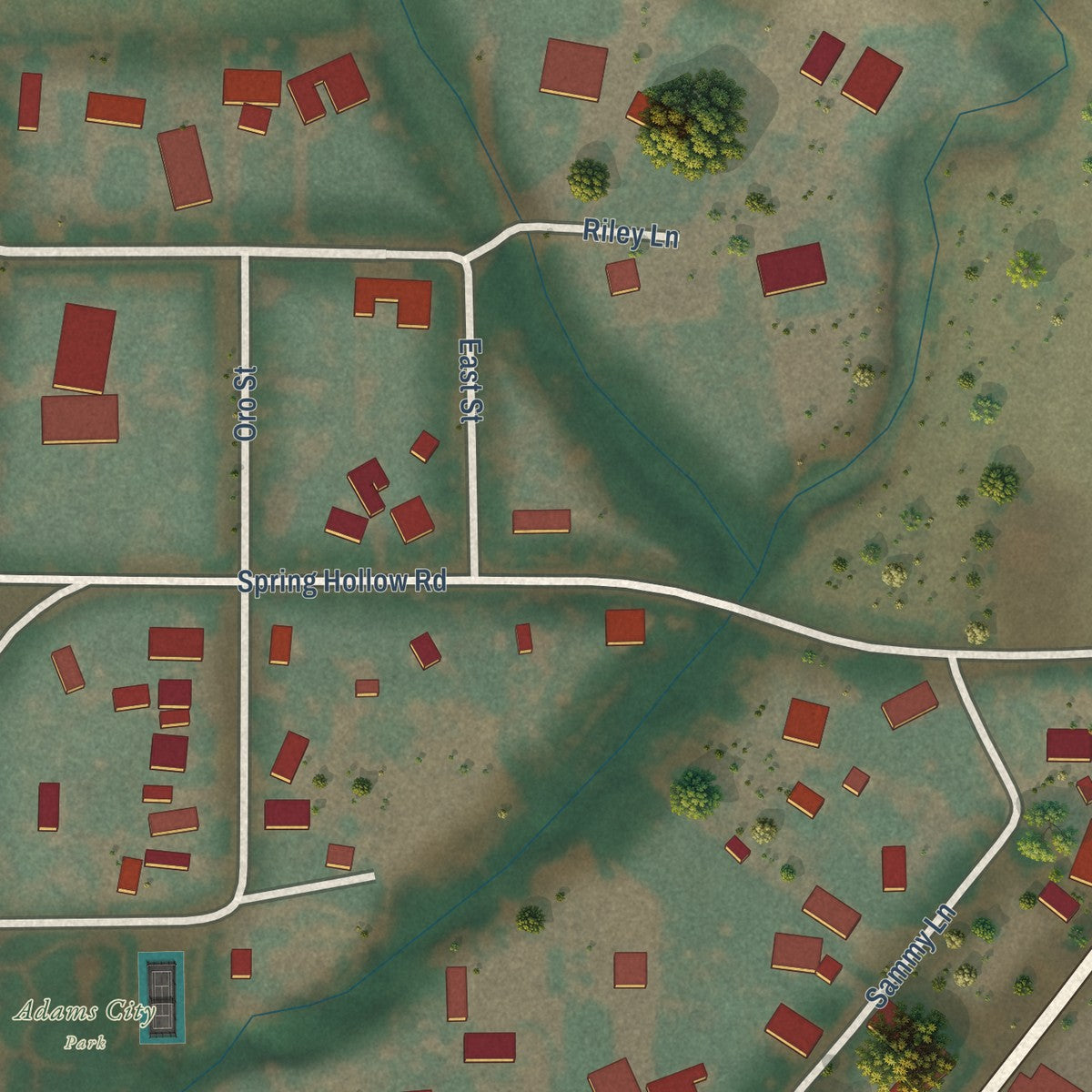 Second close-up of the map of Adams, Oregon print showing more streets and buildings
