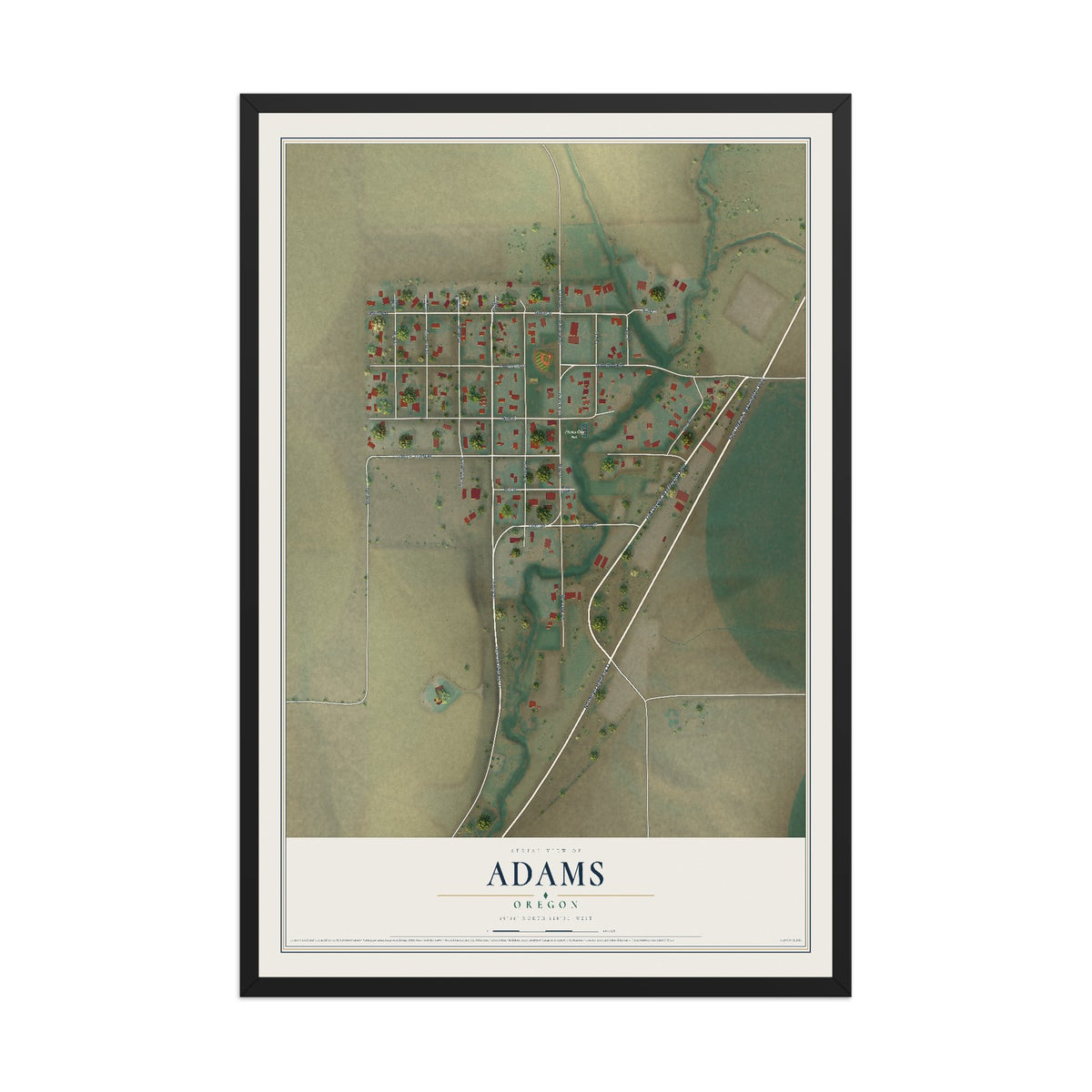 Map of Adams, Oregon, 12 x 18 inch print in a black wood frame