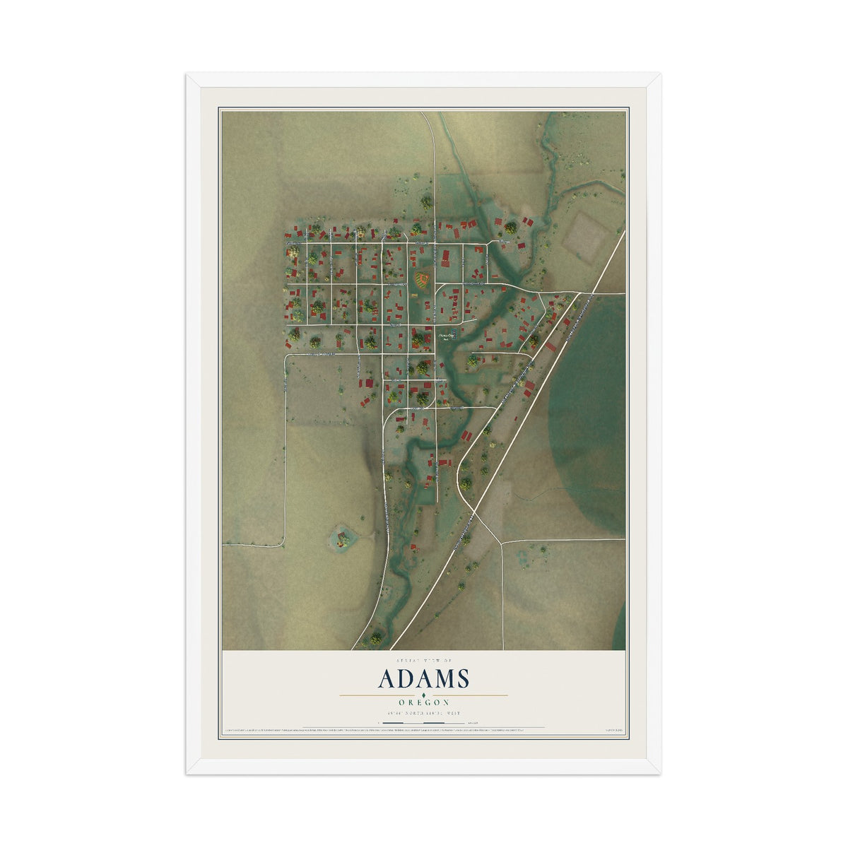 Map of Adams, Oregon, 12 x 18 inch print in a white wood frame