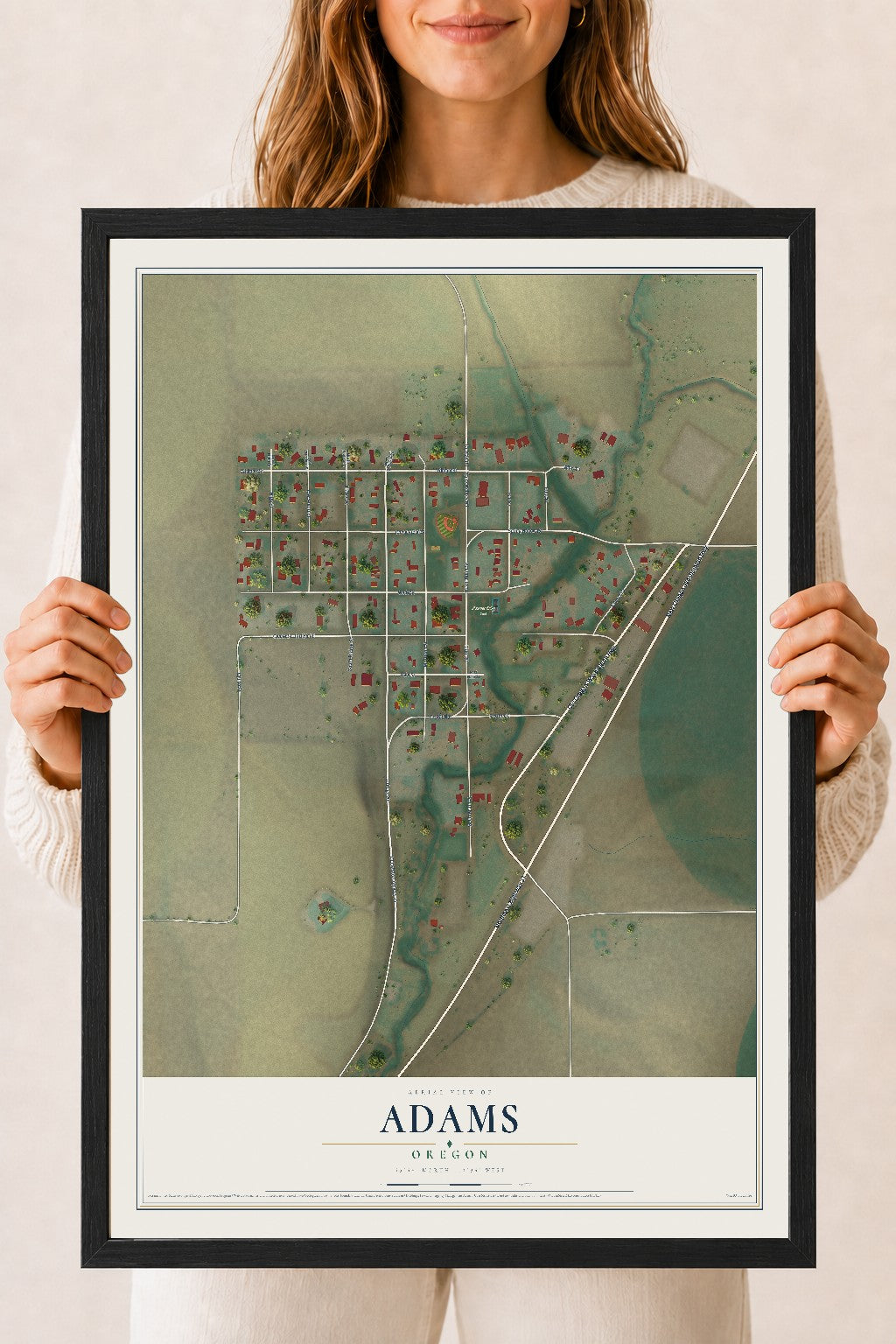 Map of Adams, Oregon, 18 x 24 inch print in a black wood frame