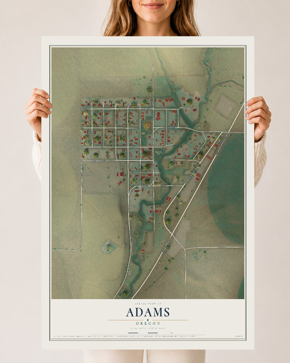 Map of Adams, Oregon, 24 x 36 inch unframed archival matte print