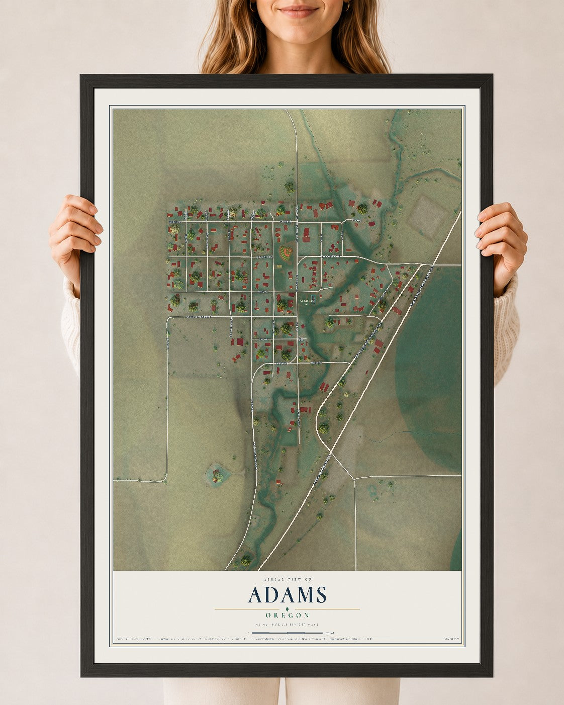 Map of Adams, Oregon, 24 x 36 inch print in a black wood frame