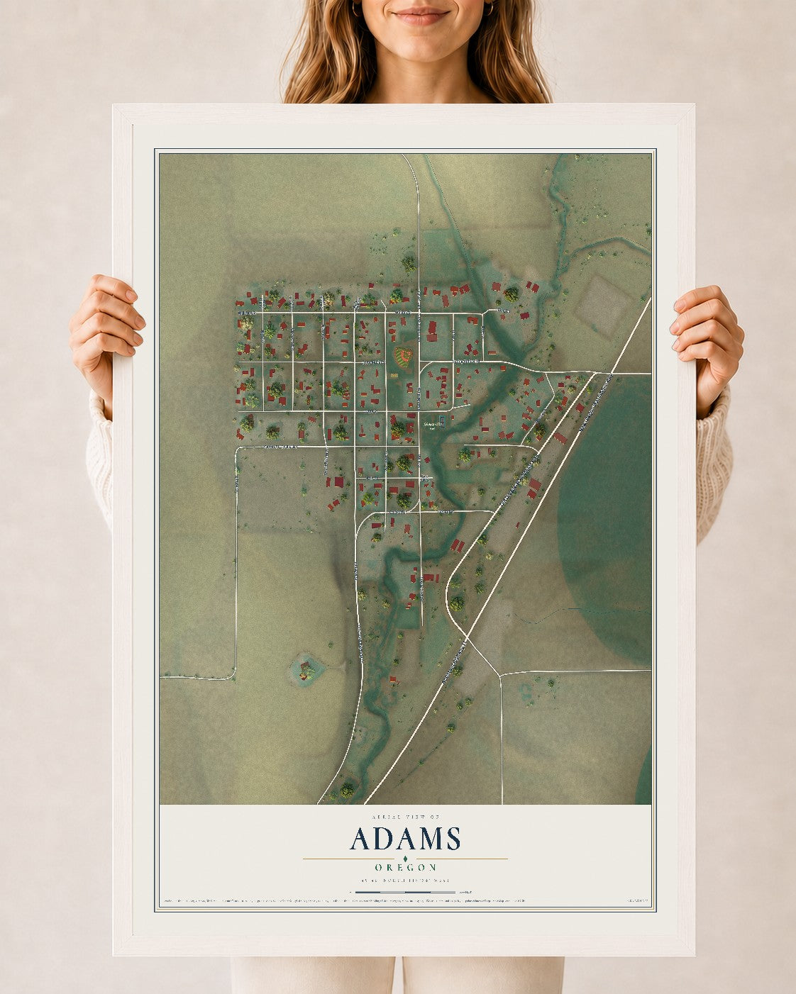 Map of Adams, Oregon, 24 x 36 inch print in a white wood frame