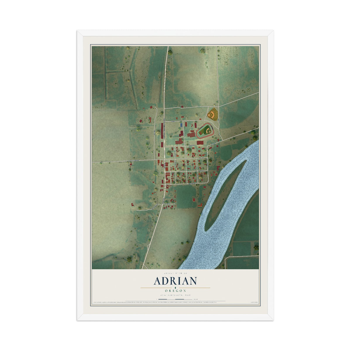 Map of Adrian, Oregon, 12 x 18 inch print in a white wood frame
