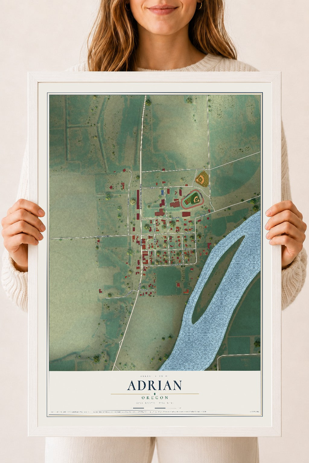 Map of Adrian, Oregon, 18 x 24 inch print in a white wood frame