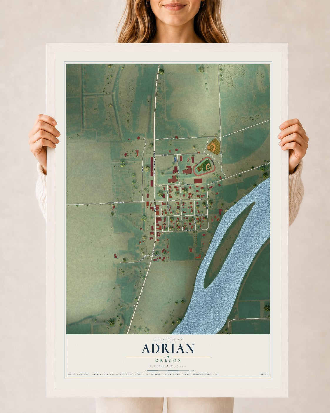 Map of Adrian, Oregon, 24 x 36 inch print in a white wood frame