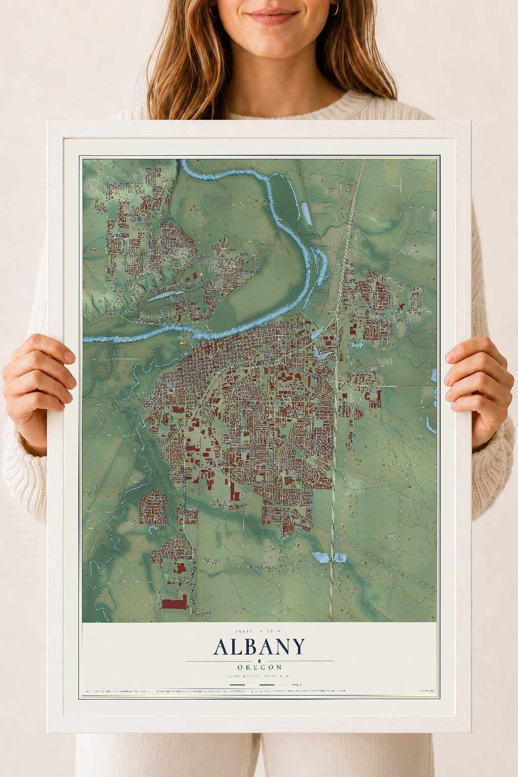 Map of Albany, Oregon, 18 x 24 inch print in a white wood frame