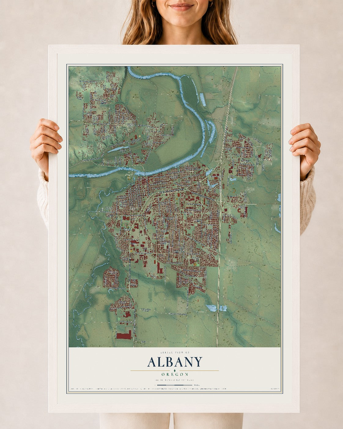Map of Albany, Oregon, 24 x 36 inch print in a white wood frame