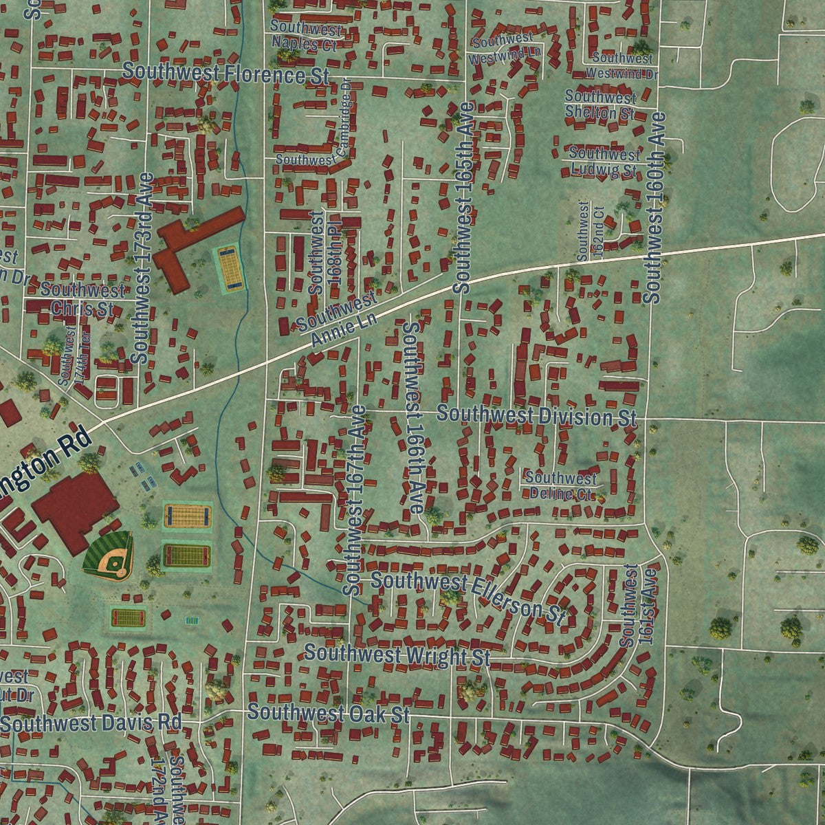 Second close-up of the map of Aloha, Oregon print showing more streets and buildings