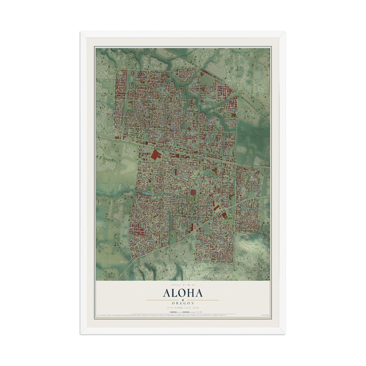 Map of Aloha, Oregon, 12 x 18 inch print in a white wood frame