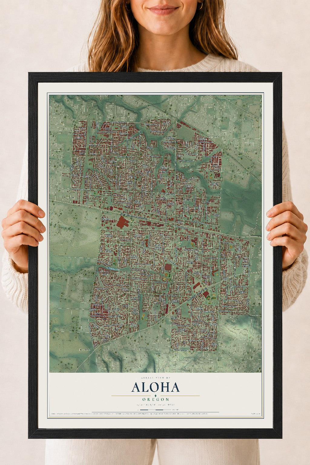 Map of Aloha, Oregon, 18 x 24 inch print in a black wood frame