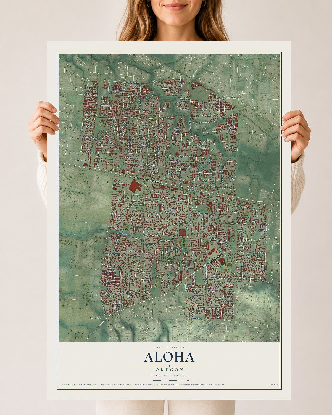 Map of Aloha, Oregon, 24 x 36 inch unframed archival matte print