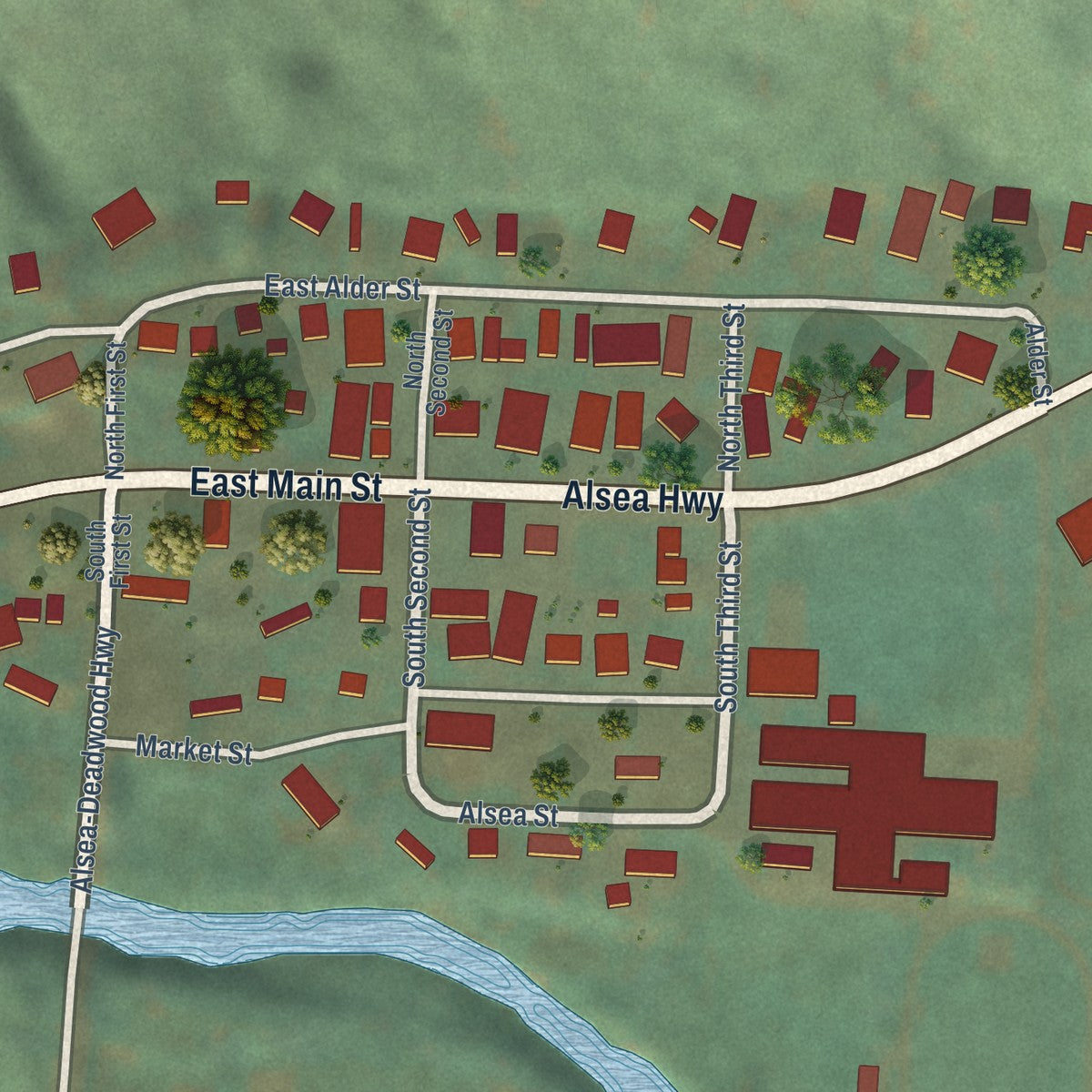 Close-up of the map of Alsea, Oregon print showing street and building detail