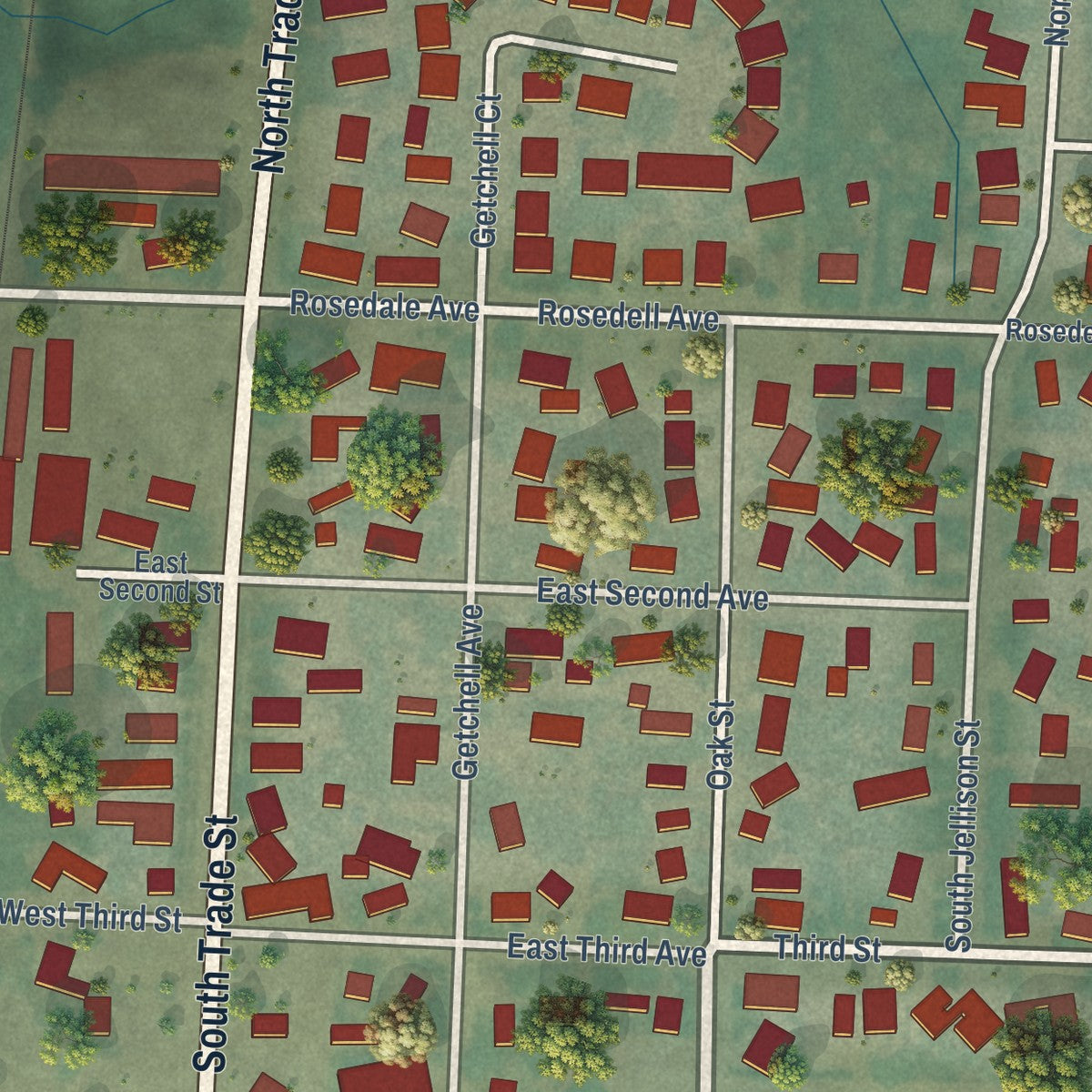 Close-up of the map of Amity, Oregon print showing street and building detail