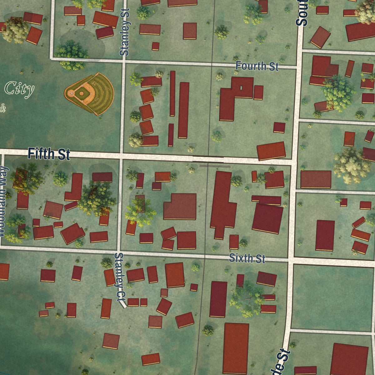 Second close-up of the map of Amity, Oregon print showing more streets and buildings