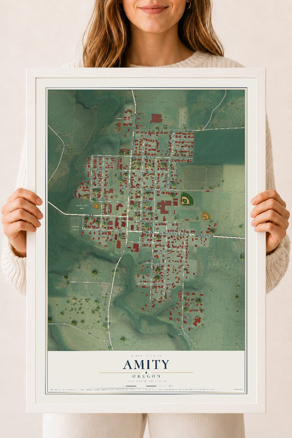 Map of Amity, Oregon, 18 x 24 inch print in a white wood frame