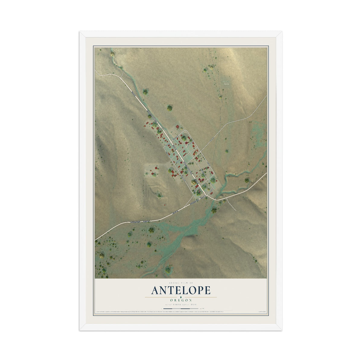 Map of Antelope, Oregon, 12 x 18 inch print in a white wood frame